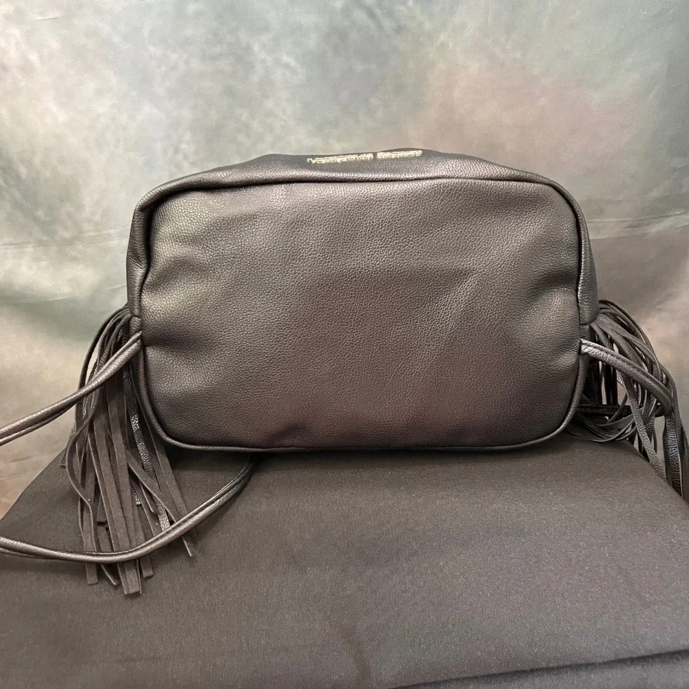 Victorias Secret‎ Black Faux Leather Fringe Drawstring Backpack Gold Logo Bag